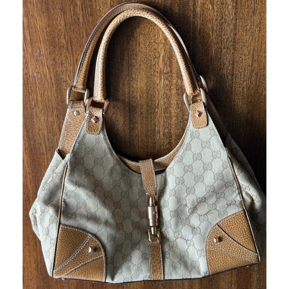 Gucci | GG Monogram Brown and Tan Canvas and Leather Nailhead Jackie Bardot Bag - Picture 2 of 13